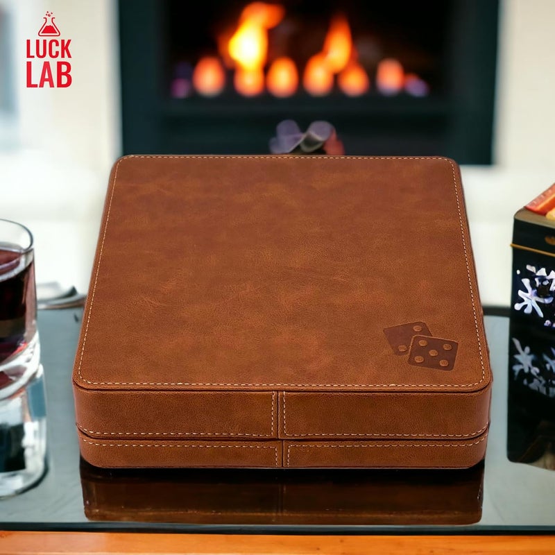 Luck Lab Farkle Dice Tray and Storage Case - Includes Embedded Scoring Combinations, 2 Sets of 6 Pearl Dice, 40 Sheet Score Pad and Pen Holder for The Classic Family Game (Brown) - Image 4